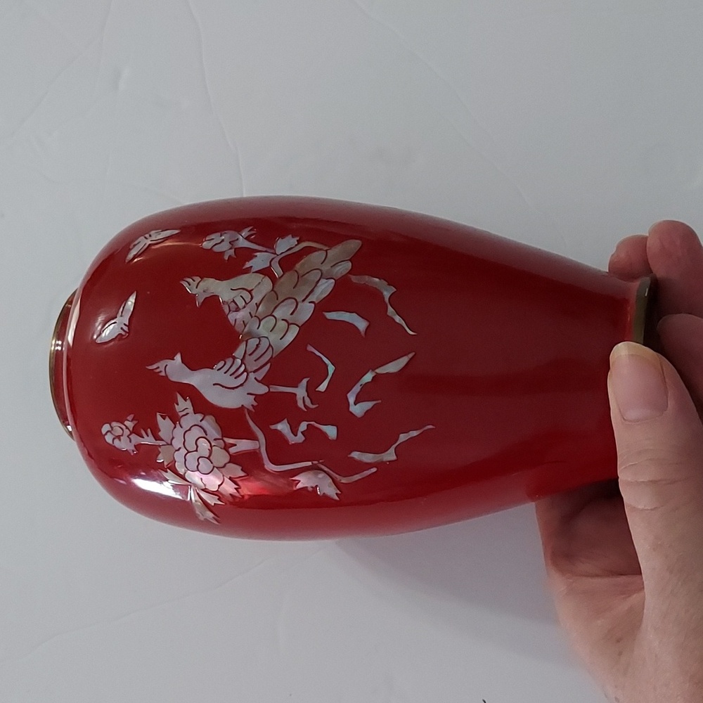 Mother of Pearl onlay on Red  Vase.6.5in.Hx3.5in.W.